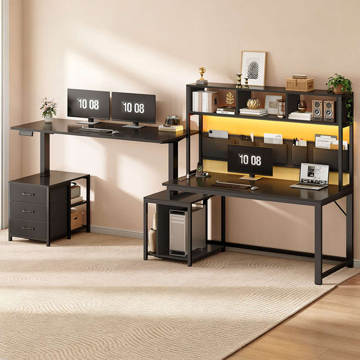 SEDETA 94.5 Inch Reversible Height Adjustable Desk with CPU Stand and Storage Shelves L Shaped Standing Gaming Desk with 3 Drawers LED Light Storage Bag Corner Desk with Power Outlet and Display Cubbies