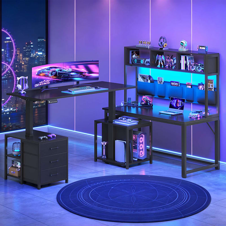 SEDETA 94.5 Inch Reversible Height Adjustable Desk with CPU Stand and Storage Shelves L Shaped Standing Gaming Desk with 3 Drawers LED Light Storage Bag Corner Desk with Power Outlet and Display Cubbies