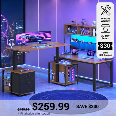 SEDETA® 94.5 Inch Reversible Height Adjustable Desk with 3 Drawers and Storage Shelves L Shaped Standing Gaming Desk with LED Light CPU Stand Corner Desk with Power Outlet and Display Cubbies