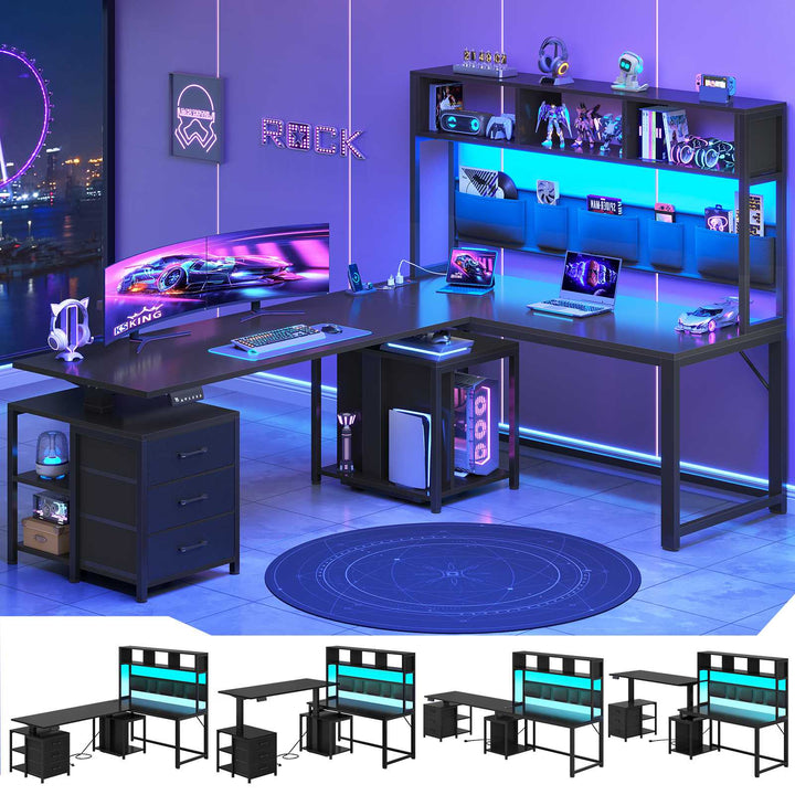 SEDETA 94.5 Inch Reversible Height Adjustable Desk with CPU Stand and Storage Shelves L Shaped Standing Gaming Desk with 3 Drawers LED Light Storage Bag Corner Desk with Power Outlet and Display Cubbies