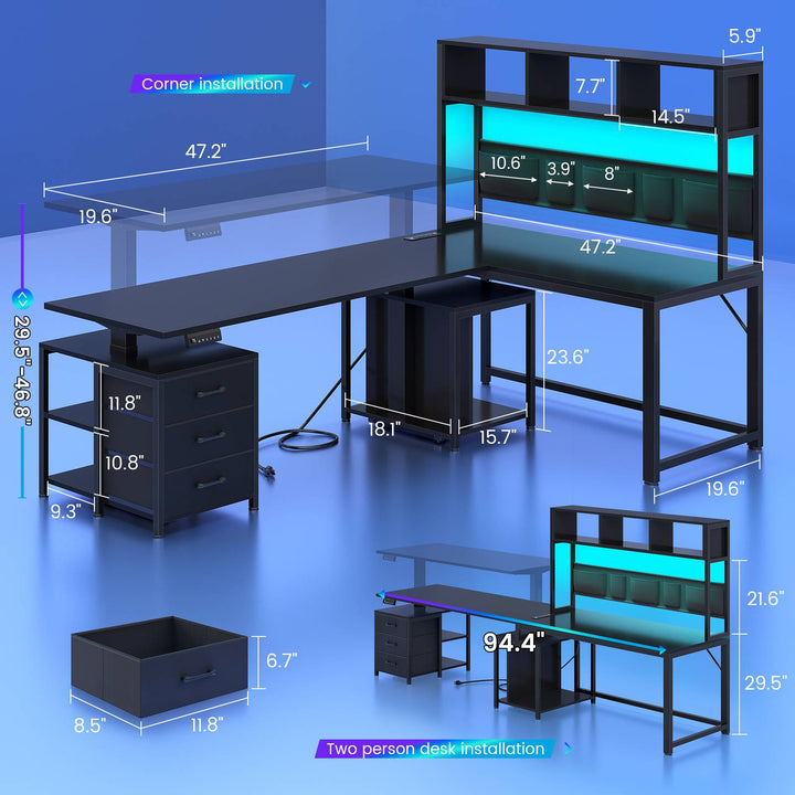 SEDETA 94.5 Inch Reversible Height Adjustable Desk with CPU Stand and Storage Shelves L Shaped Standing Gaming Desk with 3 Drawers LED Light Storage Bag Corner Desk with Power Outlet and Display Cubbies