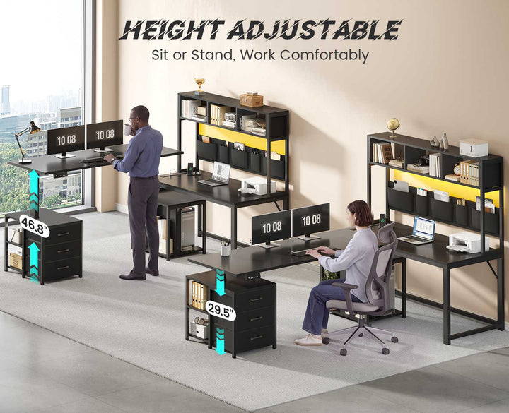 SEDETA 94.5 Inch Reversible Height Adjustable Desk with CPU Stand and Storage Shelves L Shaped Standing Gaming Desk with 3 Drawers LED Light Storage Bag Corner Desk with Power Outlet and Display Cubbies
