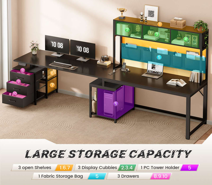 SEDETA 94.5 Inch Reversible Height Adjustable Desk with CPU Stand and Storage Shelves L Shaped Standing Gaming Desk with 3 Drawers LED Light Storage Bag Corner Desk with Power Outlet and Display Cubbies