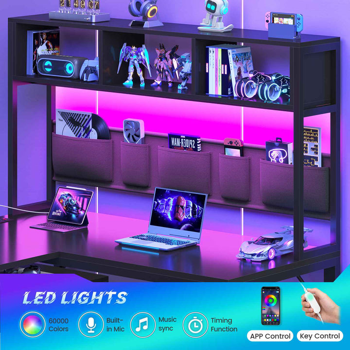 SEDETA 94.5 Inch Reversible Height Adjustable Desk with CPU Stand and Storage Shelves L Shaped Standing Gaming Desk with 3 Drawers LED Light Storage Bag Corner Desk with Power Outlet and Display Cubbies