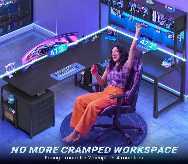 SEDETA 94.5 Inch Reversible Height Adjustable Desk with CPU Stand and Storage Shelves L Shaped Standing Gaming Desk with 3 Drawers LED Light Storage Bag Corner Desk with Power Outlet and Display Cubbies