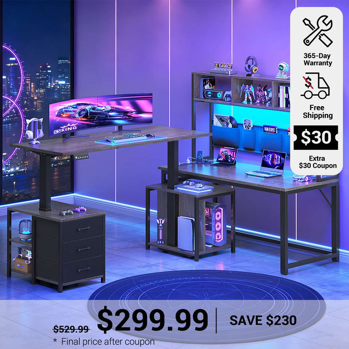 SEDETA 94.5 Inch Reversible Height Adjustable Desk with CPU Stand and Storage Shelves L Shaped Standing Gaming Desk with 3 Drawers LED Light Storage Bag Corner Desk with Power Outlet and Display Cubbies