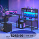SEDETA | 94.5 Inch Reversible Height Adjustable Desk with LED Light Power Outlet L Shaped Standing Gaming Desk with 3 Drawers CPU Stand Corner Desk with Storage Shelves and Display Cubbies