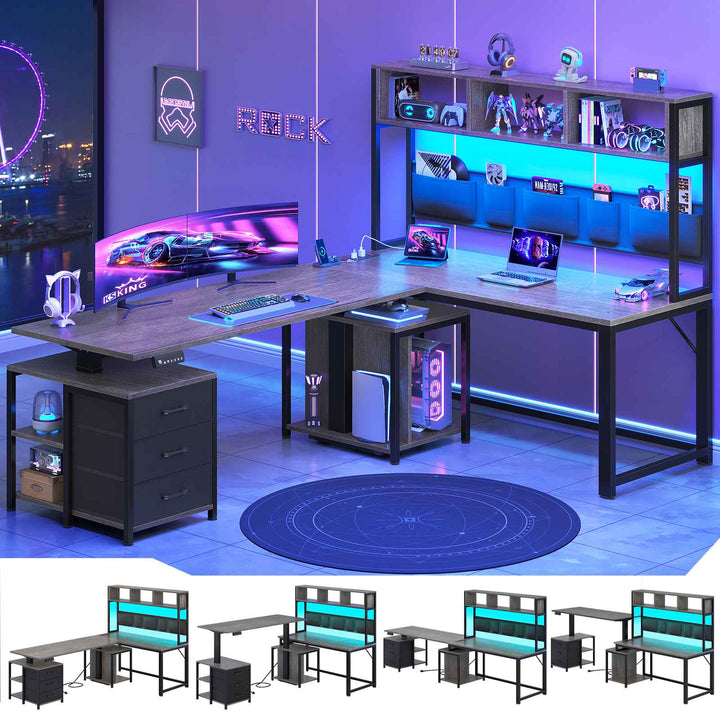SEDETA 94.5 Inch Reversible Height Adjustable Desk with CPU Stand and Storage Shelves L Shaped Standing Gaming Desk with 3 Drawers LED Light Storage Bag Corner Desk with Power Outlet and Display Cubbies