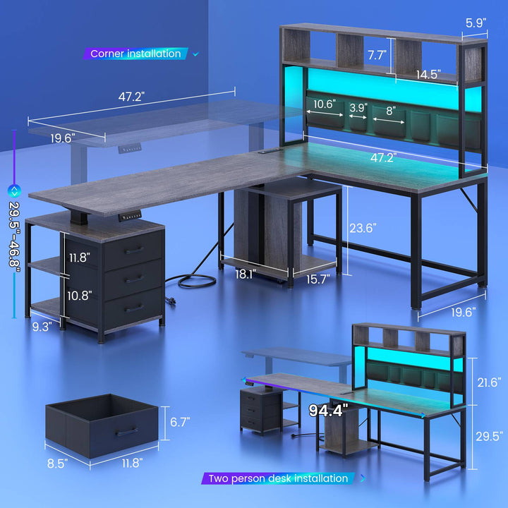 SEDETA 94.5 Inch Reversible Height Adjustable Desk with CPU Stand and Storage Shelves L Shaped Standing Gaming Desk with 3 Drawers LED Light Storage Bag Corner Desk with Power Outlet and Display Cubbies