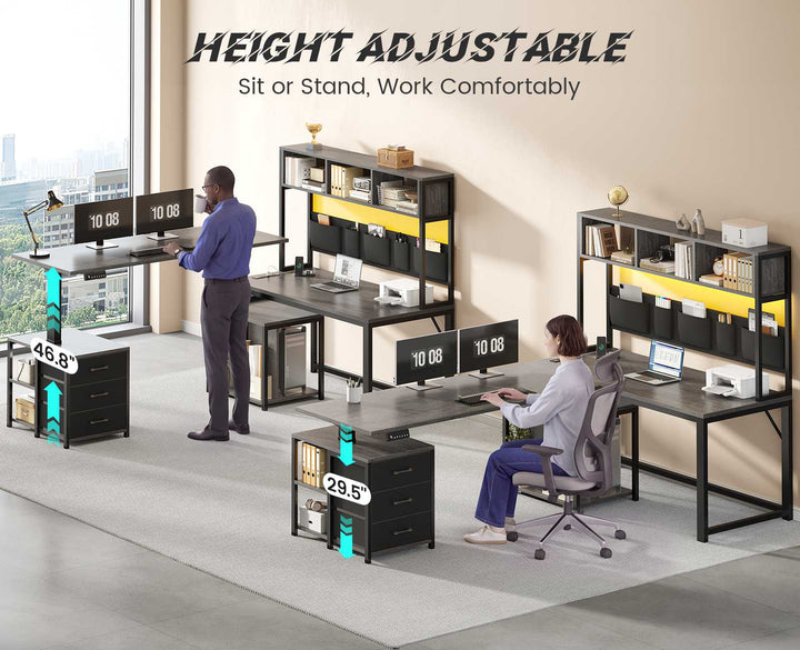 SEDETA 94.5 Inch Reversible Height Adjustable Desk with CPU Stand and Storage Shelves L Shaped Standing Gaming Desk with 3 Drawers LED Light Storage Bag Corner Desk with Power Outlet and Display Cubbies