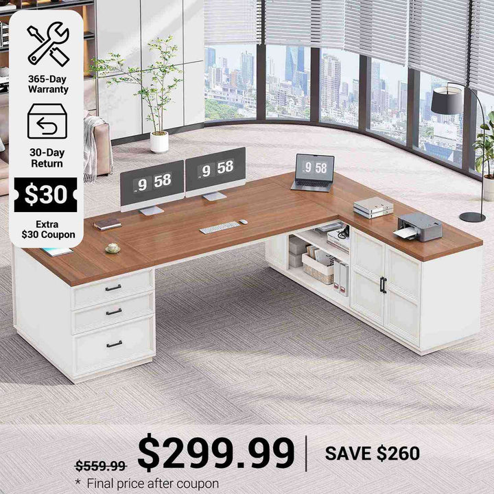 SEDETA® 78.7 Inch Corner Computer Desk L Shaped Executive Desk Modern Large Home Office Desk with Power Outlet CPU Stand Storage Cabinet 3 Drawers