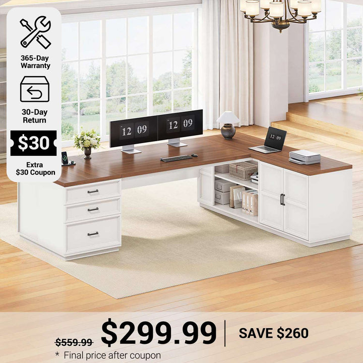 SEDETA® 78.7 Inch Corner Computer Desk L Shaped Executive Desk Modern Large Home Office Desk with Power Outlet CPU Stand Storage Cabinet 3 Drawers