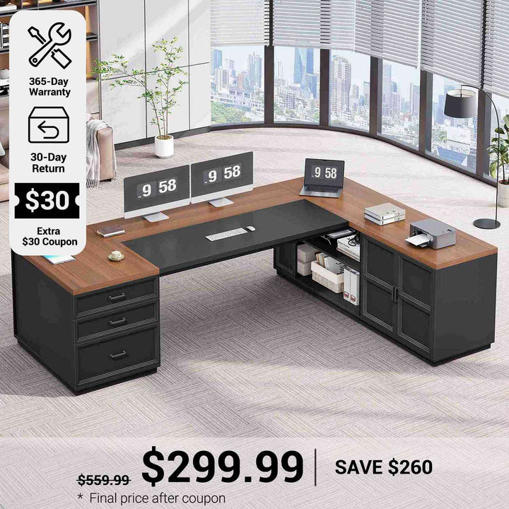 SEDETA® 78.7 Inch Corner Computer Desk L Shaped Executive Desk Modern Large Home Office Desk with Power Outlet CPU Stand Storage Cabinet 3 Drawers