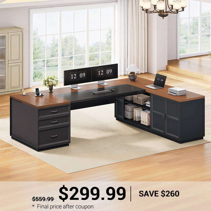 SEDETA® 78.7 Inch Corner Computer Desk L Shaped Executive Desk Modern Large Home Office Desk with Power Outlet CPU Stand Storage Cabinet 3 Drawers