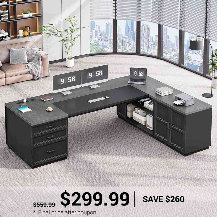 SEDETA® 78.7 Inch Corner Computer Desk L Shaped Executive Desk Modern Large Home Office Desk with Power Outlet CPU Stand Storage Cabinet 3 Drawers