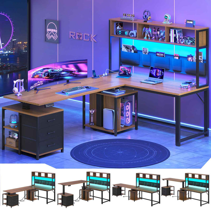 SEDETA 94.5 Inch Reversible Height Adjustable Desk with CPU Stand and Storage Shelves L Shaped Standing Gaming Desk with 3 Drawers LED Light Storage Bag Corner Desk with Power Outlet and Display Cubbies
