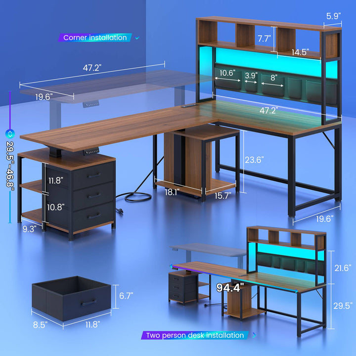 SEDETA 94.5 Inch Reversible Height Adjustable Desk with CPU Stand and Storage Shelves L Shaped Standing Gaming Desk with 3 Drawers LED Light Storage Bag Corner Desk with Power Outlet and Display Cubbies