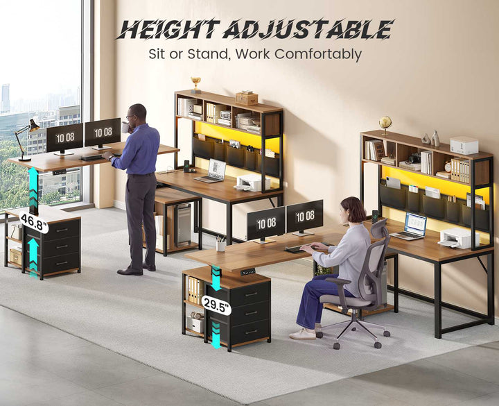 SEDETA 94.5 Inch Reversible Height Adjustable Desk with CPU Stand and Storage Shelves L Shaped Standing Gaming Desk with 3 Drawers LED Light Storage Bag Corner Desk with Power Outlet and Display Cubbies
