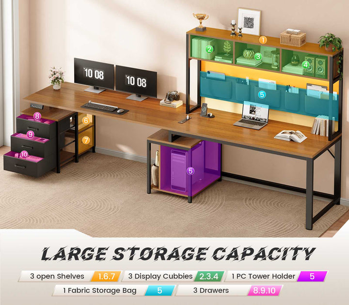 SEDETA 94.5 Inch Reversible Height Adjustable Desk with CPU Stand and Storage Shelves L Shaped Standing Gaming Desk with 3 Drawers LED Light Storage Bag Corner Desk with Power Outlet and Display Cubbies