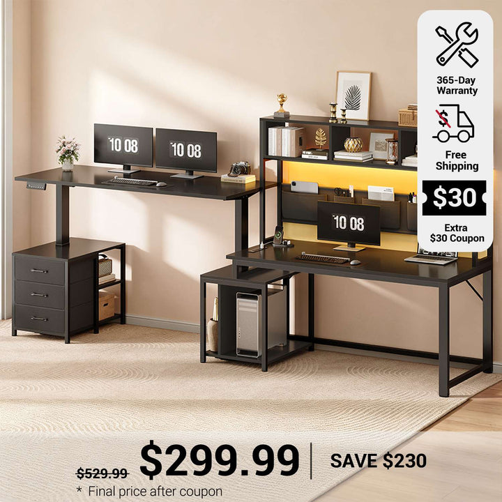 SEDETA 94.5 Inch Reversible Height Adjustable Desk with CPU Stand and Storage Shelves L Shaped Standing Gaming Desk with 3 Drawers LED Light Storage Bag Corner Desk with Power Outlet and Display Cubbies