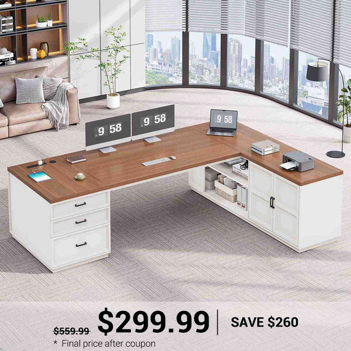 SEDETA® 78.7 Inch Corner Computer Desk L Shaped Executive Desk Modern Large Home Office Desk with Power Outlet CPU Stand Storage Cabinet 3 Drawers