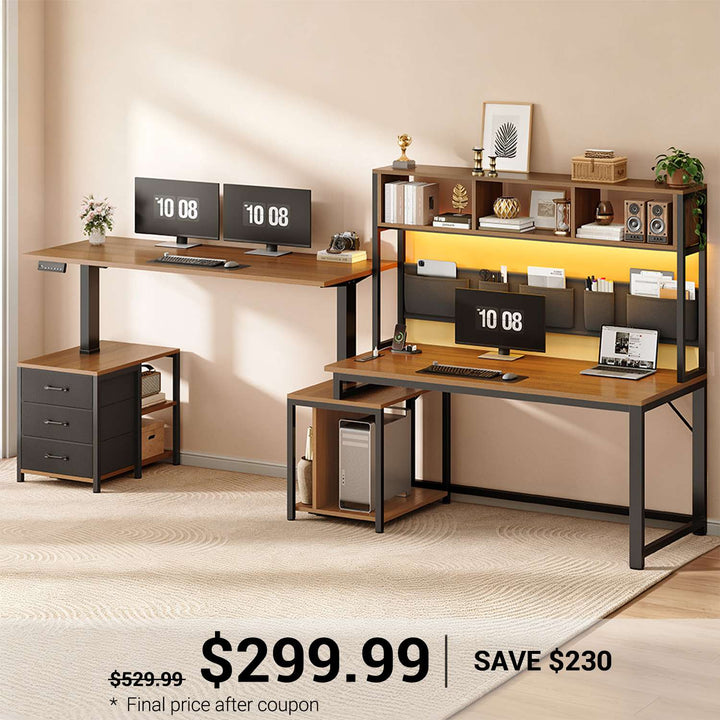 SEDETA 94.5 Inch Reversible Height Adjustable Desk with CPU Stand and Storage Shelves L Shaped Standing Gaming Desk with 3 Drawers LED Light Storage Bag Corner Desk with Power Outlet and Display Cubbies