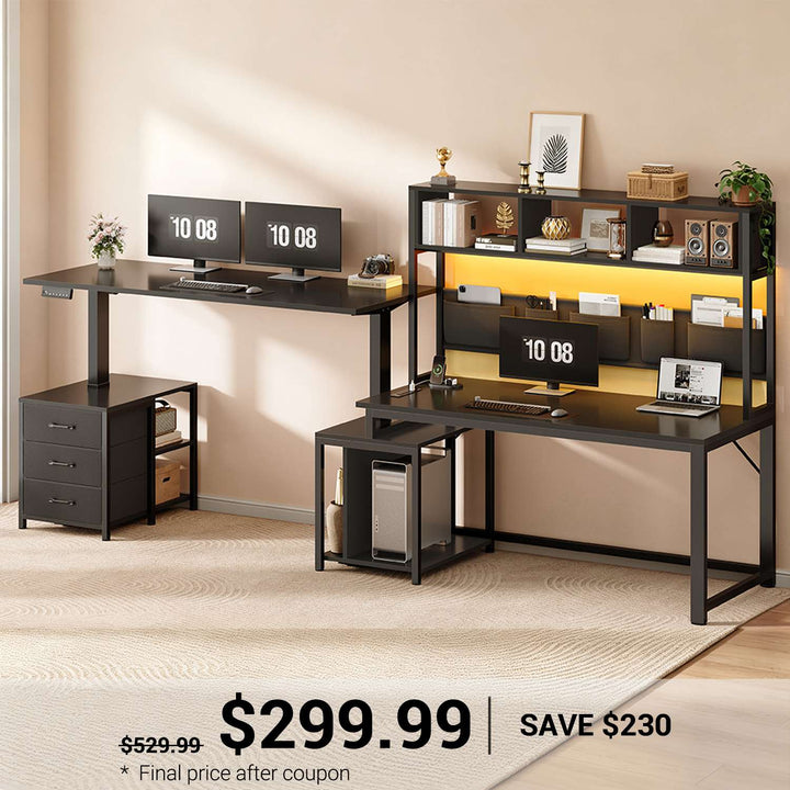 SEDETA 94.5 Inch Reversible Height Adjustable Desk with CPU Stand and Storage Shelves L Shaped Standing Gaming Desk with 3 Drawers LED Light Storage Bag Corner Desk with Power Outlet and Display Cubbies