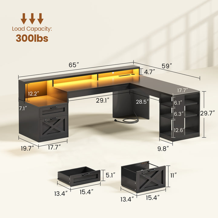 SEDETA 65 Inch L Shaped Computer Desk Ergonomic Home Office Gaming Desk with Storage Lockable 2 File Drawer Power Strip LED Strip