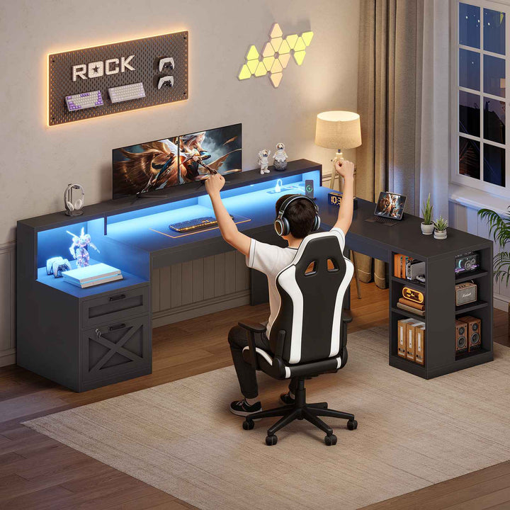 SEDETA 65 Inch L Shaped Computer Desk Ergonomic Home Office Gaming Desk with Storage Lockable 2 File Drawer Power Strip LED Strip