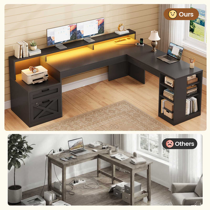 SEDETA 65 Inch L Shaped Computer Desk Ergonomic Home Office Gaming Desk with Storage Lockable 2 File Drawer Power Strip LED Strip