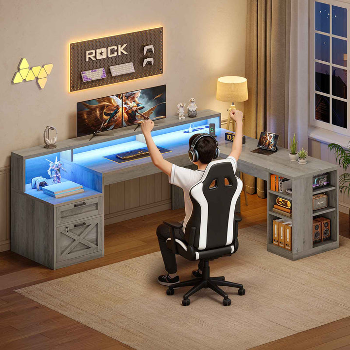 SEDETA 65 Inch L Shaped Computer Desk Ergonomic Home Office Gaming Desk with Storage Lockable 2 File Drawer Power Strip LED Strip