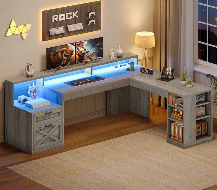 SEDETA 65 Inch L Shaped Computer Desk Ergonomic Home Office Gaming Desk with Storage Lockable 2 File Drawer Power Strip LED Strip