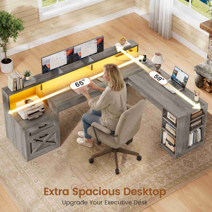 SEDETA 65 Inch L Shaped Computer Desk Ergonomic Home Office Gaming Desk with Storage Lockable 2 File Drawer Power Strip LED Strip