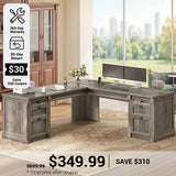SEDETA® 67 Inch L Shaped Computer Desk American Style Large Executive Desk with Power Strip 4 File Drawers Storage Cabinet Adjustable Shelf
