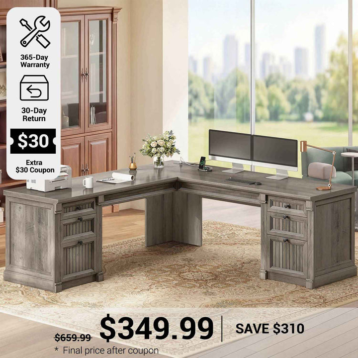 SEDETA® 67 Inch L Shaped Computer Desk American Style Large Executive Desk with Power Strip 4 File Drawers Storage Cabinet Adjustable Shelf