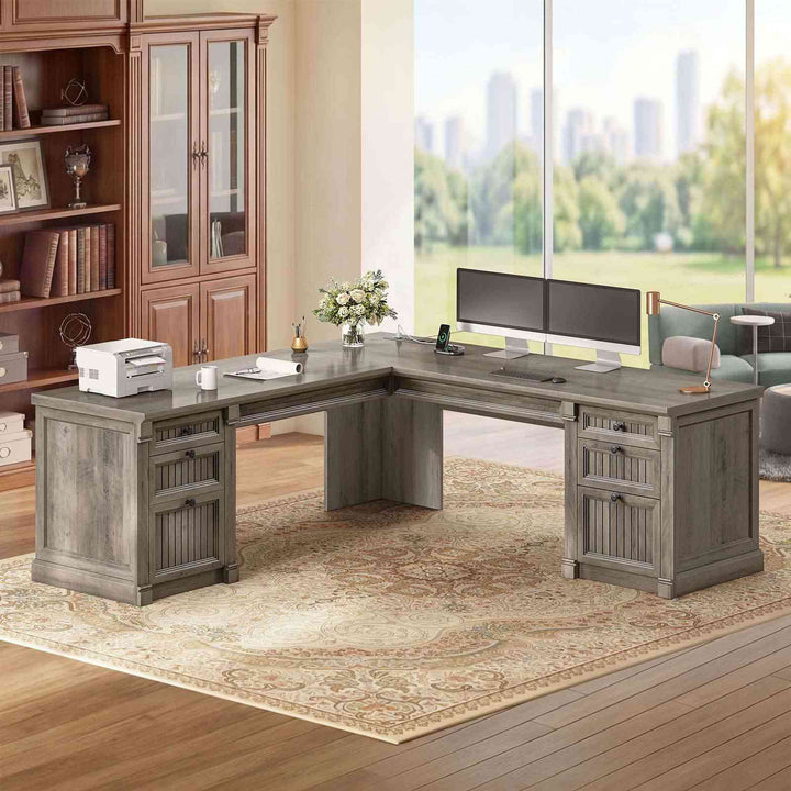 SEDETA | 67 Inch L Shaped Computer Desk with 4 File Drawers, American Style Large Executive Desk with Power Strip & Storage Cabinet