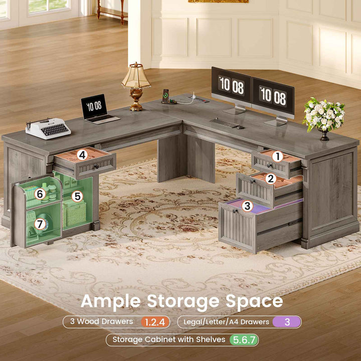 SEDETA 67 Inch L Shaped Computer Desk Large Office Executive  Desk with 4 File Drawers Storage Cabinet Power Strip