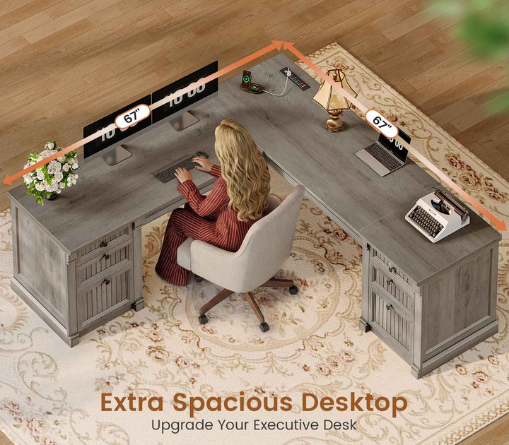 SEDETA 67 Inch L Shaped Computer Desk Large Office Executive  Desk with 4 File Drawers Storage Cabinet Power Strip
