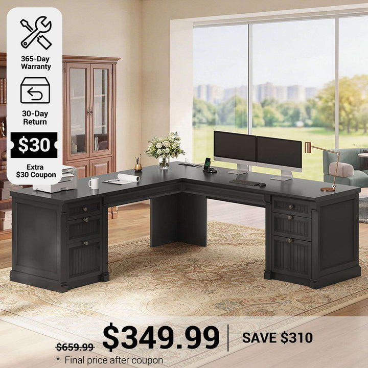 SEDETA® 67 Inch L Shaped Computer Desk American Style Large Executive Desk with Power Strip 4 File Drawers Storage Cabinet Adjustable Shelf