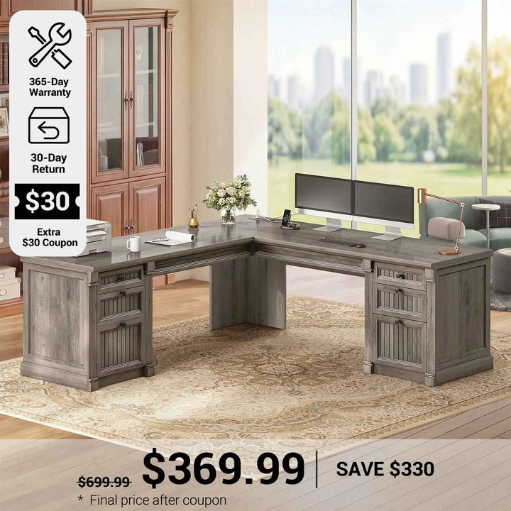 SEDETA 67 Inch L Shaped Computer Desk Large Office Executive  Desk with 4 File Drawers Storage Cabinet Power Strip