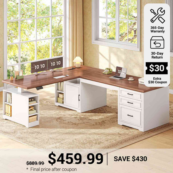 SEDETA® 63 Inch Height Adjustable Desk with 3 Drawers Power Outlet Farmhouse L Shaped Standing Desk with Storage Convertible Computer Desk for 2 Person