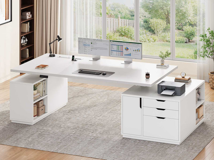 SEDETA 77.1 Inch Large Executive Electric Standing Desk Height Adjustable Executive Desk with 3 Drawers Storage Cabinet Sit Stand Home Office Desk with Open Storage Compartments
