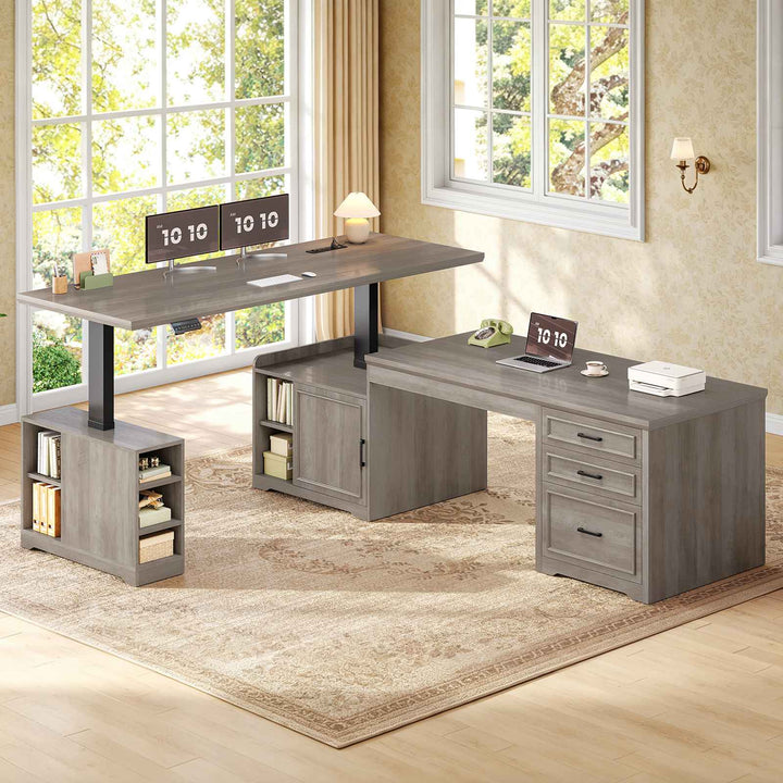 SEDETA 63 Inch Farmhouse L Shaped Standing Desk with Storage Height Adjustable Desk Convertible L Shaped Desk or 2 person Desk Computer Desks with Power Outlet