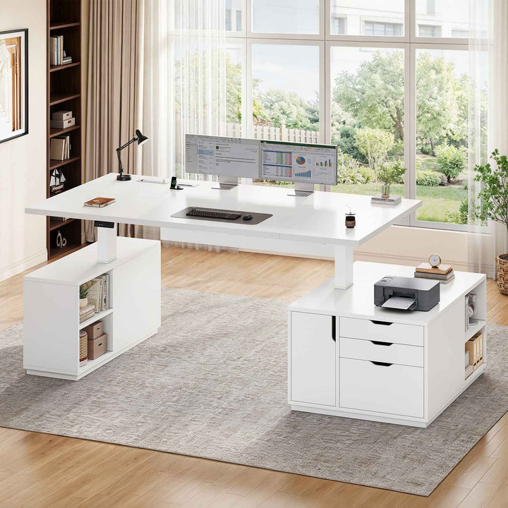 SEDETA 77.1 Inch Large Executive Electric Standing Desk Height Adjustable Executive Desk with 3 Drawers Storage Cabinet Sit Stand Home Office Desk with Open Storage Compartments