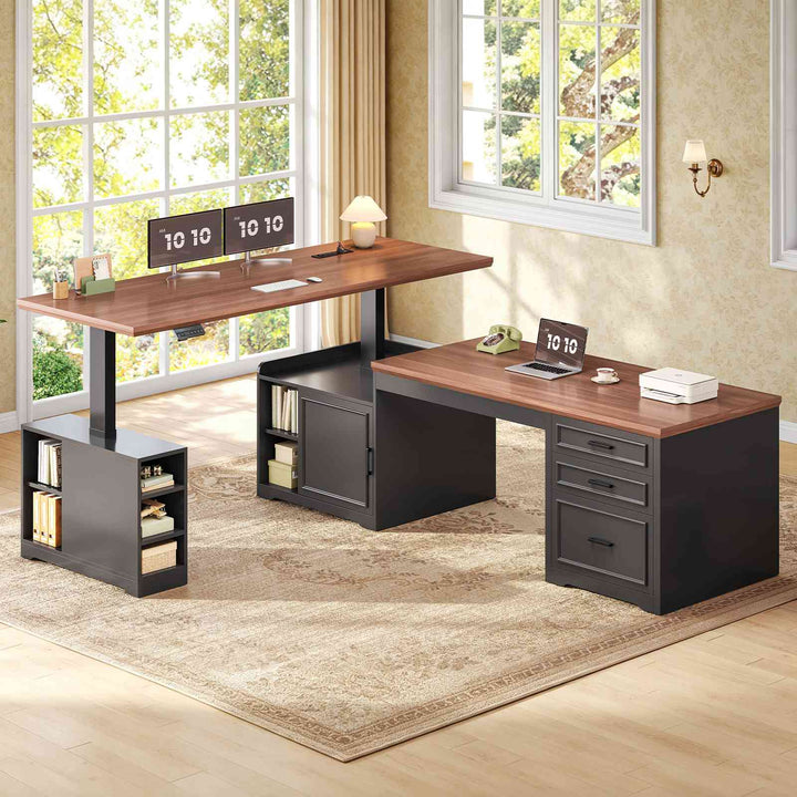 SEDETA 63 Inch Farmhouse L Shaped Standing Desk with Storage Height Adjustable Desk Convertible L Shaped Desk or 2 person Desk Computer Desks with Power Outlet
