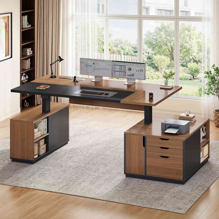 SEDETA 77.1 Inch Large Executive Electric Standing Desk Height Adjustable Executive Desk with 3 Drawers Storage Cabinet Sit Stand Home Office Desk with Open Storage Compartments