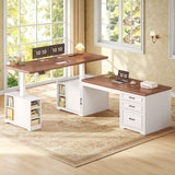 SEDETA 63 Inch Farmhouse L Shaped Standing Desk with Storage Height Adjustable Desk Convertible L Shaped Desk or 2 person Desk Computer Desks with Power Outlet