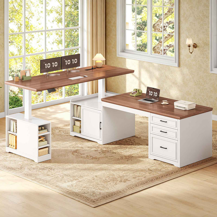 SEDETA 63 Inch Farmhouse L Shaped Standing Desk with Storage Height Adjustable Desk Convertible L Shaped Desk or 2 person Desk Computer Desks with Power Outlet