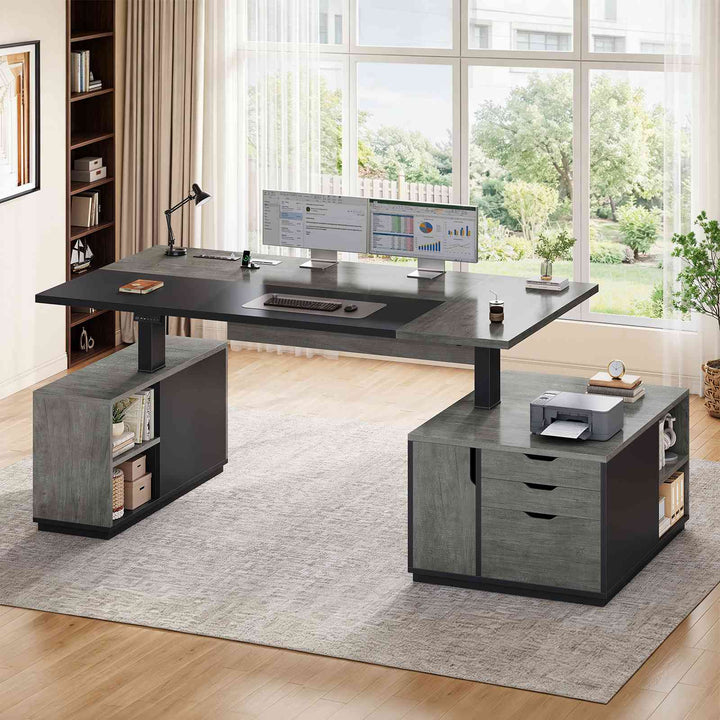 SEDETA 77.1 Inch Large Executive Electric Standing Desk Height Adjustable Executive Desk with 3 Drawers Storage Cabinet Sit Stand Home Office Desk with Open Storage Compartments