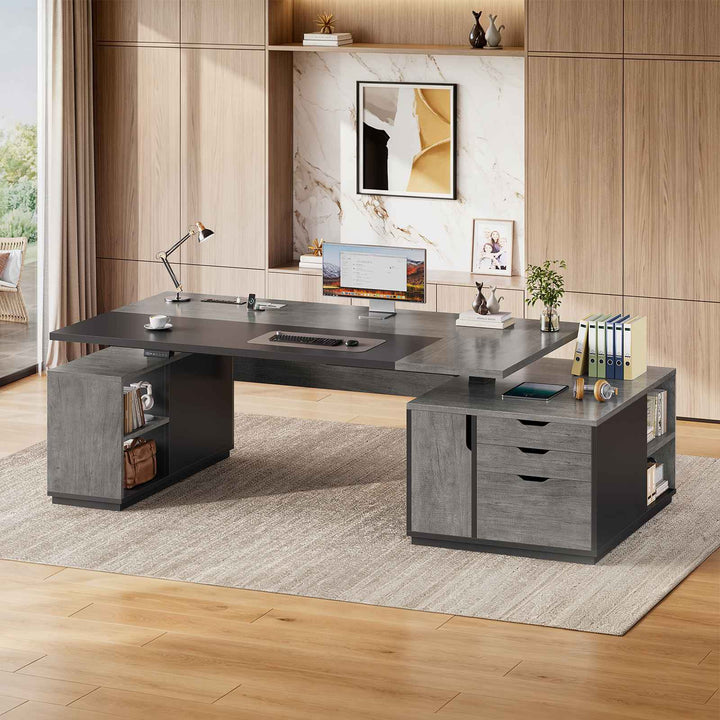 SEDETA 77.1 Inch Large Executive Electric Standing Desk Height Adjustable Executive Desk with 3 Drawers Storage Cabinet Sit Stand Home Office Desk with Open Storage Compartments